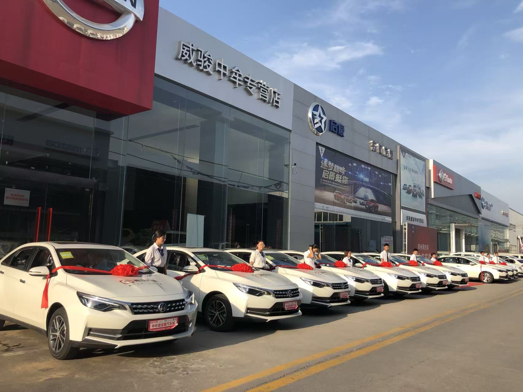 Neatly arranged Venucia D60 lineup prepared for ride-hailing fleet delivery